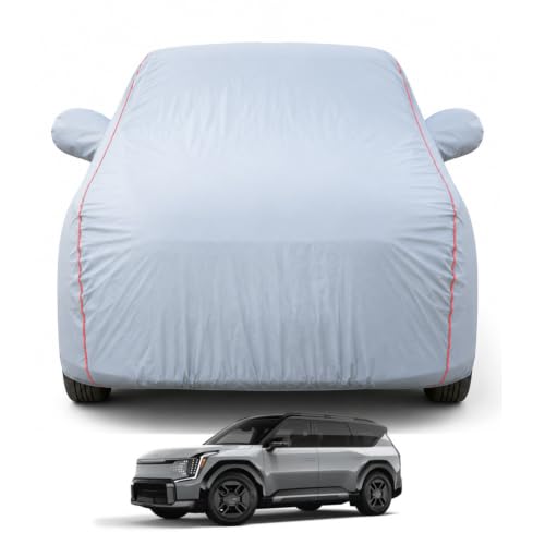 Image of Premium Car Cover for Kia EV9 2024-2026 Models | Waterproof, UV & Dust Protection | Mirror & Antenna Pocket | Triple Stitched, Soft Inner Lining, Belt & Buckle (Dark Grey)