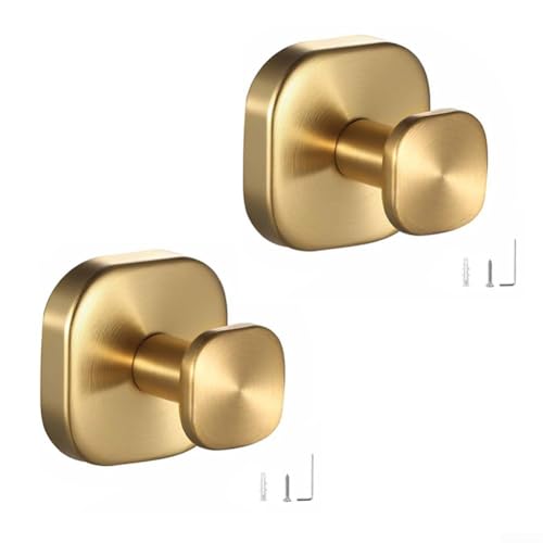 Gancho de baño de acero inoxidable con soporte de metal, diseñado para colgar y albornoces firmemente, resistente a la corrosión y ahorra espacio, incluye 2 ganchos de metal (dorado)