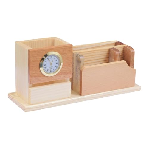 Image of EpicLane Customizable Wooden Pen Holder with Clock, Visiting Card Holder & Mobile Stand | Personalized Name Engraving Desk Organizer (Modern)