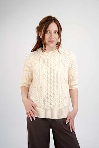 Image of Traditional Irish Sweater for Ladies Short Sleeve Cable Knit - 100% Merino Wool