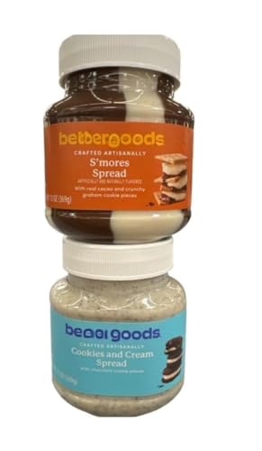 Bettergoods cookies and cream with cookie pieces and smores spread with graham cracker peices, dessert spread dip duo
