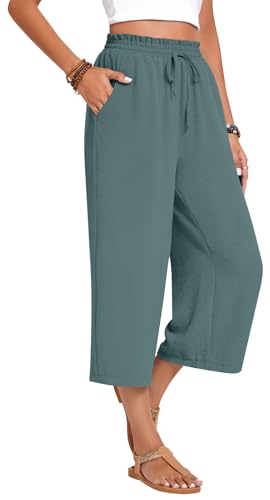 Image of Anyhold Women's Capri Pants Drawstring Casual Palazzo Trousers with Pockets Loose High Waisted Wide Leg Lounge Pants