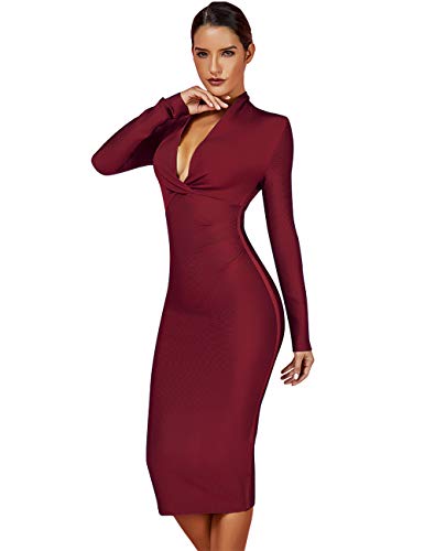 whoinshop Women 's Draped Deep Plunged Long Sleeve Night Out Club Cocktail Party Dresses with Knee Length4
