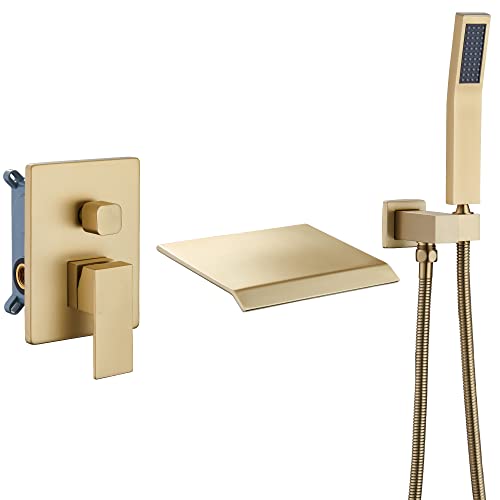 Upgraded Wall Mount Tub Filler Faucet With Handheld Shower, Dasan Modern Wall Mounted Bathtub Faucet Brushed Gold High Flow Waterfall Tub Faucet With Rough In Valve, Sa-Tf04Wh-Bg #TOP5