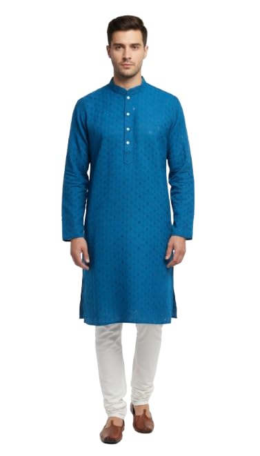 india silk pwcs ltd Men's Cotton Blend Embroidery Stitch Kurta with White Pajama Set - Traditional Indian Ethnic Wear Color and Size Variation-picture-39
