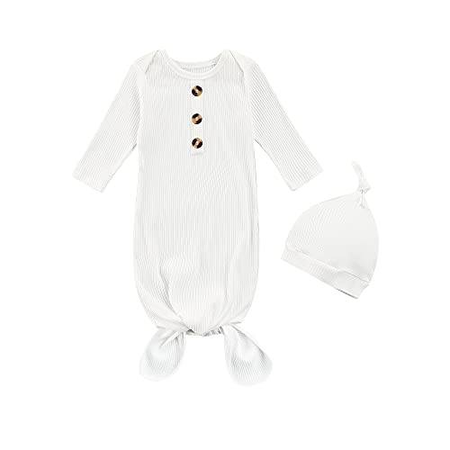 Image of Tsseiatte Newborn Baby Boy Girl Knotted Gowns Long Sleeve Printed Sleeping Bag Coming Home Outfit Nightgown Pajamas Hat Set