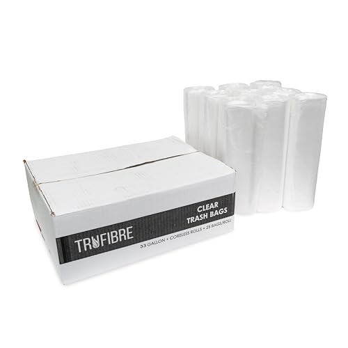 TruFibre Large Clear Trash Bags, 33 Gallon, Plastic Liners Waste Disposal, Home, Office, Commercial Recycling, Garbage Management, 32x38, 250 Count