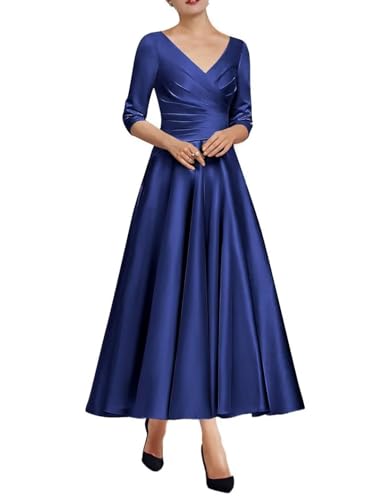 Satin Tea Length Mother of The Bride Dresses for Wedding 3/4 Sleeves A-line Pleated Formal Evening Gown 2024