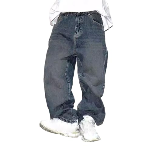 Men’S Hip Hop Stacked Baggy Straight Leg Denim Pants Slim Fit Full Length Button Fly Distressed Streetwear Trousers