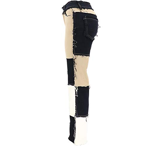 JUNBOON Women Patch Mid Rise Jeans Raw Hem Slim Straight Denim Pants2