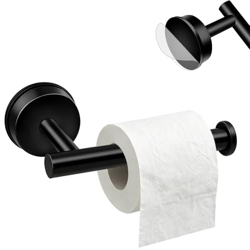 MGahyi Suction Cup Toilet Paper Holder SUS 304 Stainless Steel No Drill Removable Wall Mount Toilet Roll Holder Waterproof Rustproof Tissue Rack for Bathroom Fits Smooth Tile Glass Marble(1 Black)