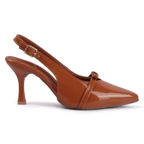 Image of Women's Slingback Pointed Toe Pumps with Bow Detail | Patent Finish | Kitten Stiletto Heel | Elegant Party & Office Heels