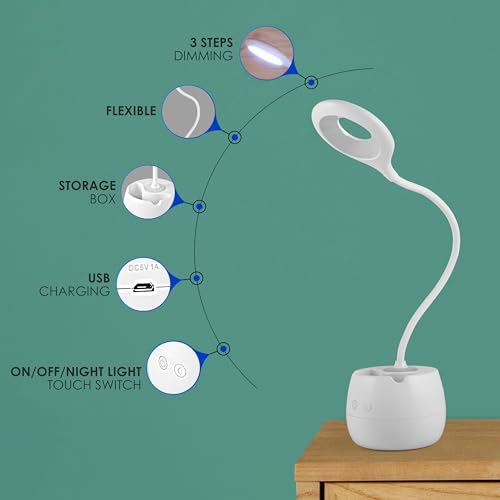 Gesto LED Study Lamp Rechargeable – Touch Control Table Lamp for Students with Flexible Neck | 3 Level Brightness USB Desk Light for Study Table,Reading,Home Office | Mobile Stand & Pen Holder
