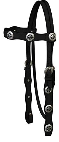 Double Stitched Leather Browband Headstall w/Silver Texas Star Conchos & Reins (Black)