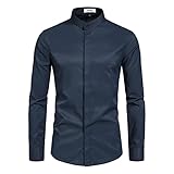VANCOOG Men's Mandarin Collar Long Sleeve Cotton Blended Casual Interview Stylish Formal Business Elegant Shirt-Navy Blue-2XL