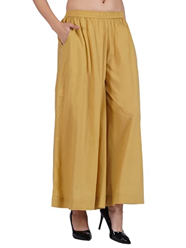 Image of fabcoast Loose Fit Palazzo Pants for Women A-Line Flared Wide Leg Summer Ethnic wear Pure Cotton Cambric with Full Elastic Waistband and 2 Side Pockets