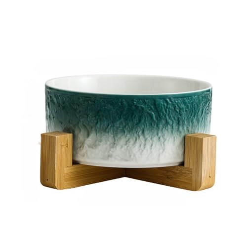 石目石調猫用二口フードボウル犬用水飲み餌入れ一体化転倒防止安定セラミック製お手入れ簡単食べやすい高さ滑り止め丸洗い可食器ペット用ネコイヌ餌台エサ皿水入れダブル (グラデーショングリーン法海ボウル(十字架付き),小さいサイズ11 cm)