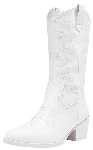 VEPOSE Vepose Women's Mid Calf Embroided Western Cowboy Chunky Heel Boots