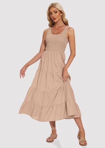 Image of Women's Summer Smocked Maxi Dresses Sleeveless U Neck Ruffle Hem Tiered A Line Flowy Dress