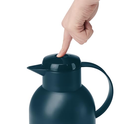 Emsa Samba Isolierkanne, 1,5 Liter Fassungsvermögen, Quick Press Verschluss, 100% dicht, 12h heiß und 24h kalt, mit Glaskolben, made in Germany, Transluzent/Ozeanblau, N4012000 6