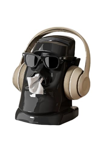 ティッシュボックス クリエイティブな復活節島の石像型ティッシュボックス 3 機能一体型ヘッドホンスタンド兼眼鏡入れ 机の上、自宅のオフィスに最適 大容量でスムーズに引き出せるバネ付き (ブラック)