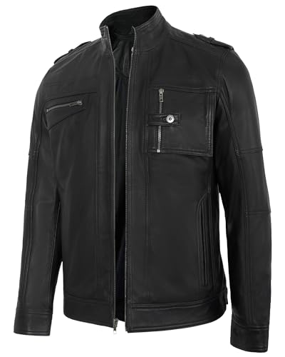 Image of Leather Jacket Men - Real Lambskin Motorcycle Jacket with Snap Tab Collar, Adjustable Waist & Zippered Pockets
