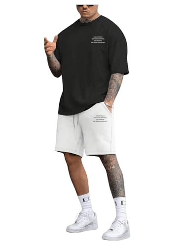 Verdusa Men's 2 Piece Tracksuit Letter Print Graphic Tees and Workout Shorts with Pockets