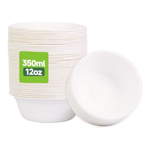HiEnjoin 60 Stück 350ml Einwegpapierschalen,Biologisch Zuckerrohr Einweg geschirr Schalen Einmal,Abbaubar und Kompostierbar, Perfekt für Party und Picknicks (350ml)