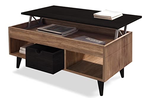 HOGAR24 ES- Atelier-Mesa de Centro elevable con cajón Deslizante, Madera Maciza de Pino Acabado Encerado y Negro. Medidas 100 x 50 x 47 cm