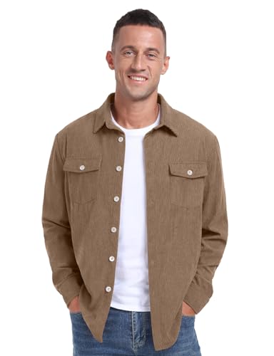Image of Askdeer Men's Corduroy Button Down Shirts Long Sleeve Casual Shacket Jacket Western Corduroy Shirt Jacket with Flap Pockets