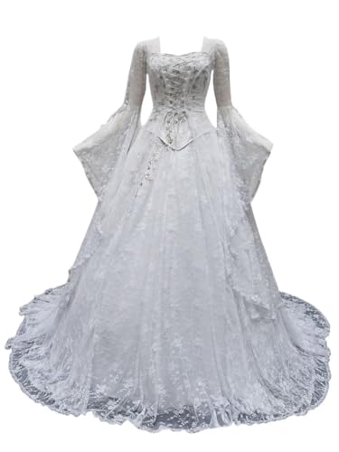 Mouccy Gothic Victorian Dresses for Women Flare Sleeve Medieval Wedding Dresses for Bride Lace Vintage Ball Gowns with Coat
