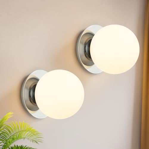 Image of 2 Pack Modern Chrome Wall Light Fixtures, Mid-Century Globe Glass Wall Sconces Set of Two for Bathroom Mirror, Living Room, Hallway, Entryway (Bulbs Not Included)