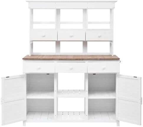 65.7'' H Tall Garden Potting Bench Table with Hutch,Patio Storage Workstation with 3 Shelves,6 Drawers,2 Bottom Cabinets&Side Hooks for Mudroom,Doorway (White, 65.7'')