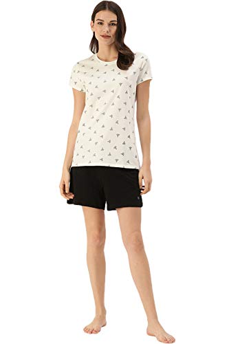 Image of Enamor Essentials Womens Slim Fit Regular Length Short Sleeve Crew Neck Comfortable and Stylish Breathable Stretch Cotton Tee - E247-(E247 Ivory Aop L)