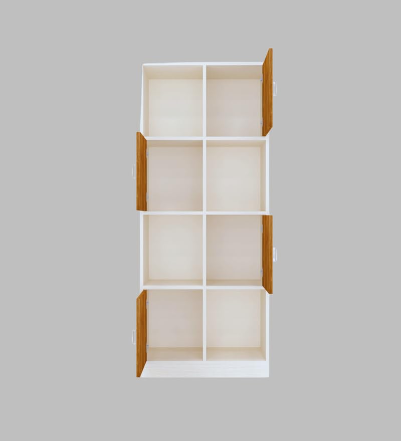 Image of SPECIALITY PANELS 8 Cube Bookshelf with Doors, White and Wood Finish Storage Organizer, 176x73x35 cm, 4 Open and 4 Closed Compartments