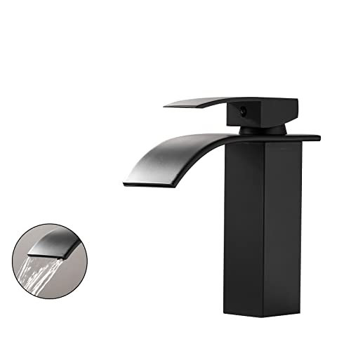 Grifo de cascada, monomando para lavabo, disponible en agua fría y caliente, latón y cromo sin plomo (grifo de lavabo negro) Cover