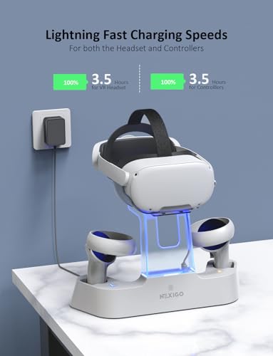 Image of NexiGo Enhanced Charging Dock with LED Light [On /Off] for Oculus Quest 2, [Support Elite Strap with Battery], Headset Display Holder and Controller Mount, 2 Rechargeable Batteries, USB-C Charger