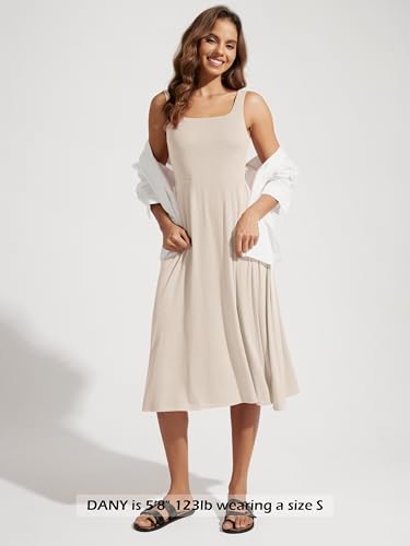Image of ODODOS Square Neck Midi Dress with Pockets for Women Summer Casual Sleeveless Sundress Flare Tank Dress