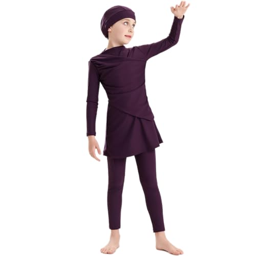 Image of Muslim Swimsuits for Girls Modest Swimwear Full Cover Hijab Burkini Islamic Top Pants Cap 3PCS Rash Guard Sets