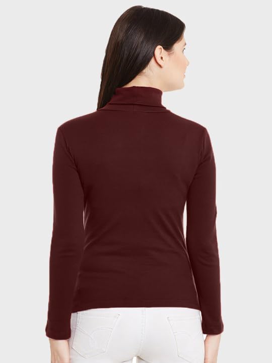 Image of Stylish Black Turtle Neck Cotton Solid Tshirt for Women