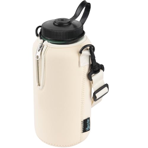 Beautyflier Neoprene Water Bottle Sleeve Insulator Cooler, Compatible with Nalgene Water Bottle 32 OZ, with Adjustable Shoulder Strap for Hydro Flask Wide Mouth Bottle 32oz, etc. (Beige)