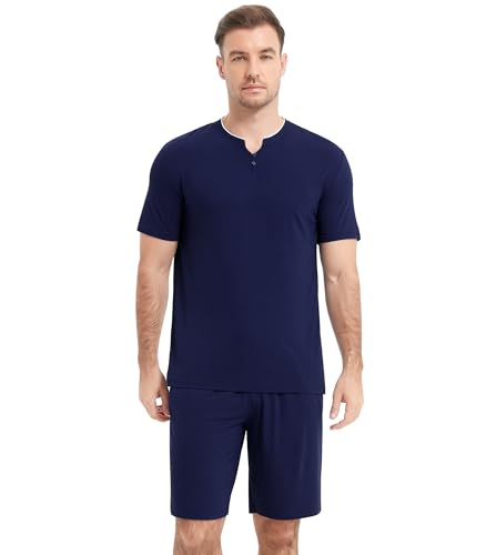 Image of NACHILA Pajamas Set for Men-Viscose Made from Bamboo, Short Sleeve Sleepwear Soft Pj with Shorts Cool Loungewear