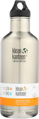 Klean Kanteen Classic Stainless Steel Double Wall Insulated Water Bottle with Loop Cap, 32-Ounce, Brushed Stainless