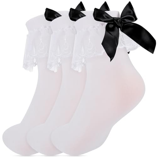 3 Pairs Women's White Lace Ruffles Bobby Frilly Socks with Black Bow, White Ruffled Anklet Socks Women with Bows for Skirts