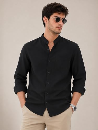 Image of Veirdo Men's Stylish Solid Casual Shirt | Chinese Collar Pure Cotton | Available in Black, Brown, Rust, Olive, White & Navy | Sizes S to XXL