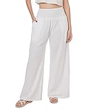 Lofbaz Damen Sommer Fließend Baumwolle Leinen Palazzo Weite Hosen Strand Hohe Taille Hose Boho Lange Loungehose mit Taschen Weiß M