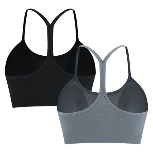 ANGOOL Sport BH Damen ohne Bügel Racerback Spaghetti Träger Sport Bustier Damen Gepolstert Seamless Y-Rücken Abnehmbare Cup für Low-Impact Training, Schwarz+Grau, M