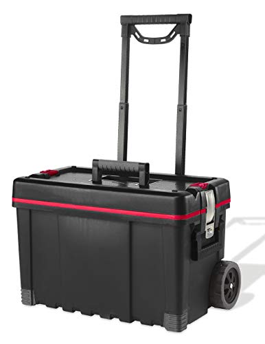 Keter Mobile Hawk Cart and Stackable Tool Box System and Organizer with Telescopic Comfort Grip Handle - Perfect Organization and Storage Chest for Power Drill, Tape Measure, and Small Parts