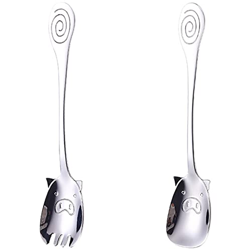 Pig Spoon/Fork Coffee Stirrers Ice Tea Spoon Stainless Steel Iced Teaspoon for Coffee Cold Drink a pair (Silver)
