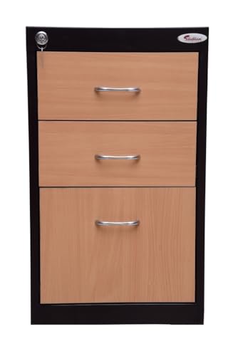 Image of Shubham Furnitures 3 Drawer Steel Pedestal Cabinet | Lockable Powder Coated Filing Cabinet for Files, Documents & Stationery | Office Storage Unit (Brown, Pedestal with Levellers)